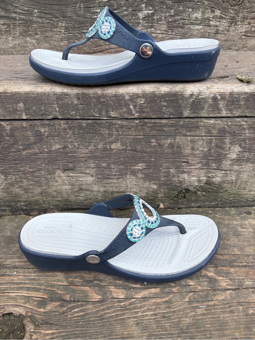Crocs Women's Sanrah Diamonte Wedge Navy and White Embellished Flip Flop Sandals - Picture 2 of 5